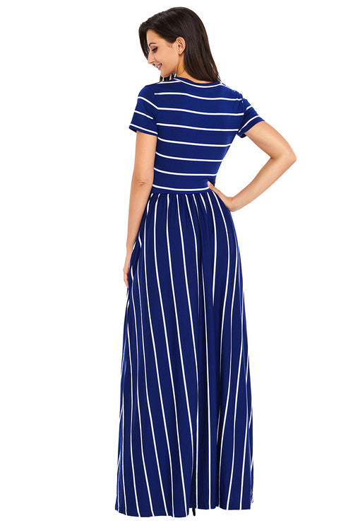 White Striped Navy Short Sleeve Maxi Dress