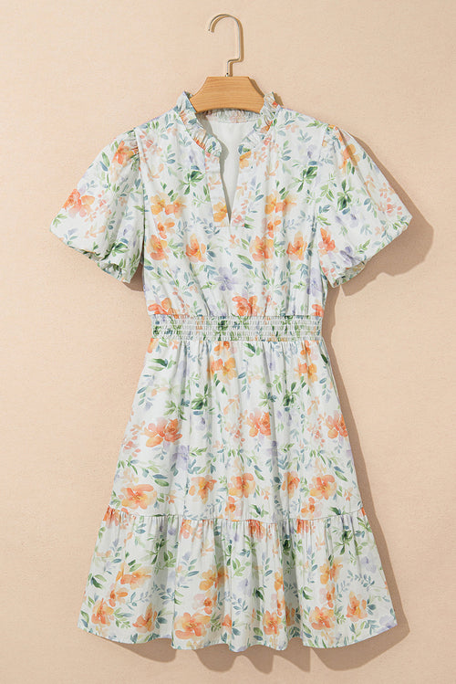 Floral Shirred High Waist Puff Sleeve Dress