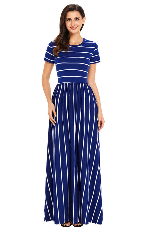 White Striped Navy Short Sleeve Maxi Dress